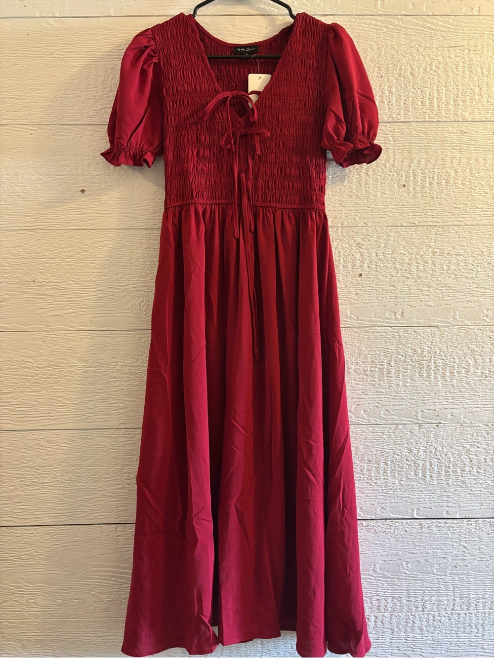 Women's Midi Dress with Smocked Bodice in Deep Red